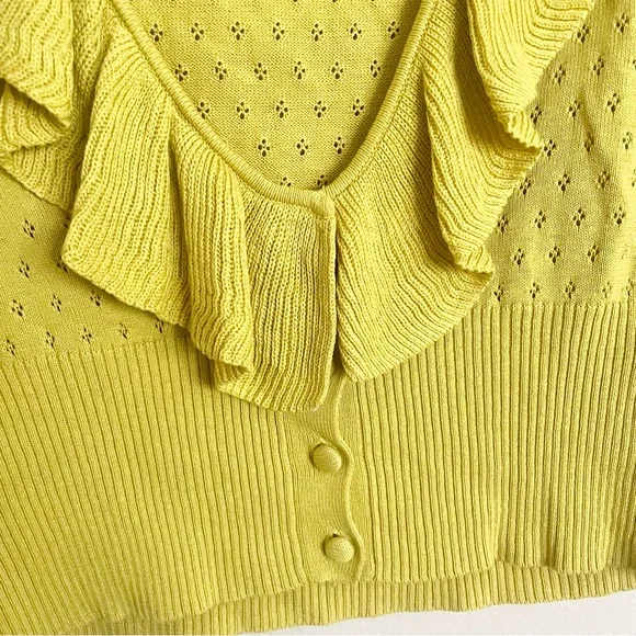 INC International Concepts Chartreuse Ruffled Cropped Silk Blend Cardigan - Picture 2 of 6